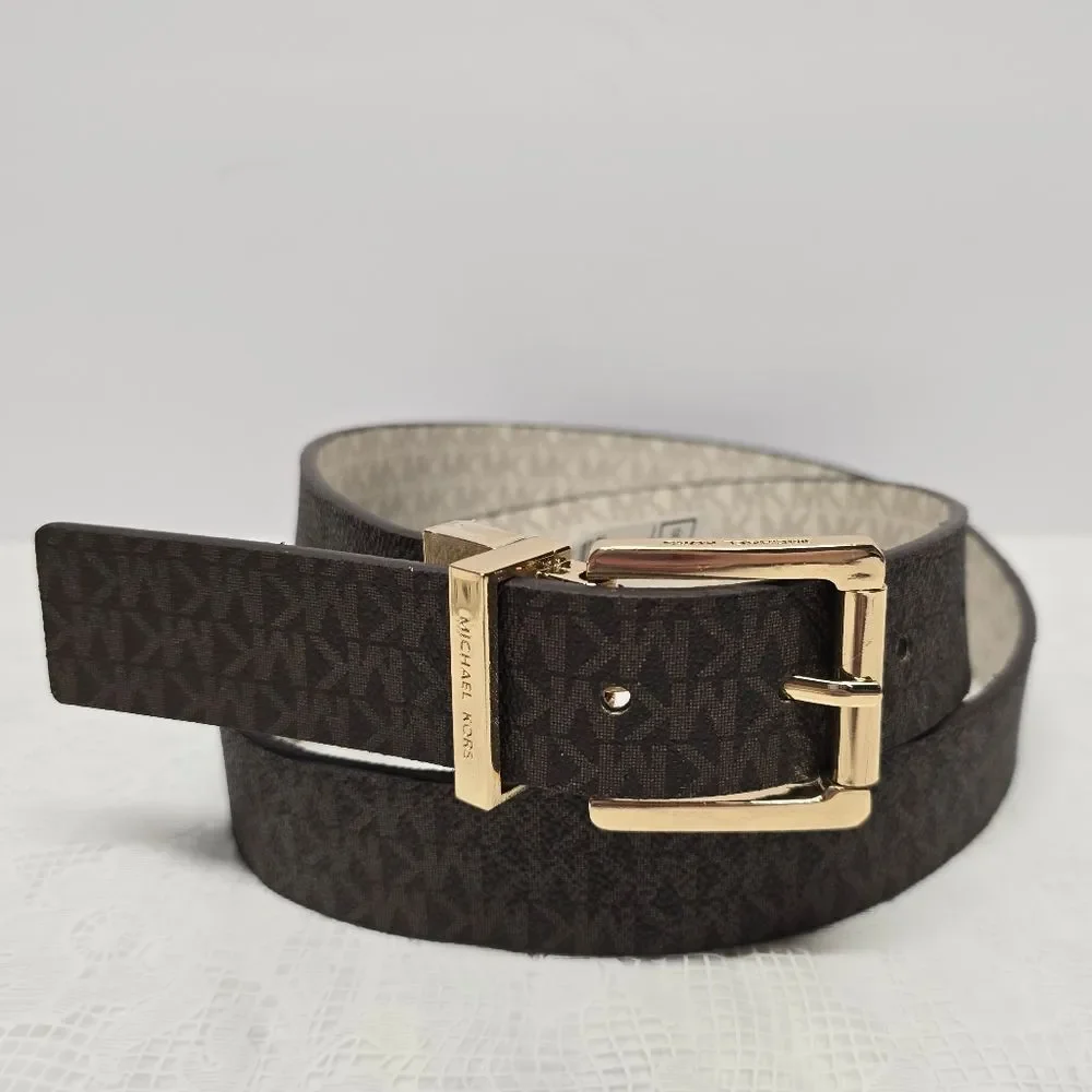 Michael Kors Women's Twist Reversible Logo Vegan Leather Belt Brown Cream L NWT